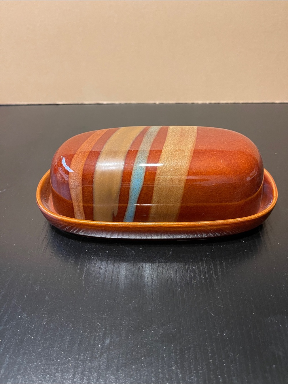 Sango Orange Striped Ceramic Butter Dish with Multicolor Bands